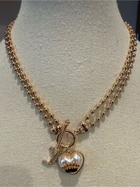 Juicy Couture White Heart Crown “J” Charm Toggle Bead Chain Necklace New No Box